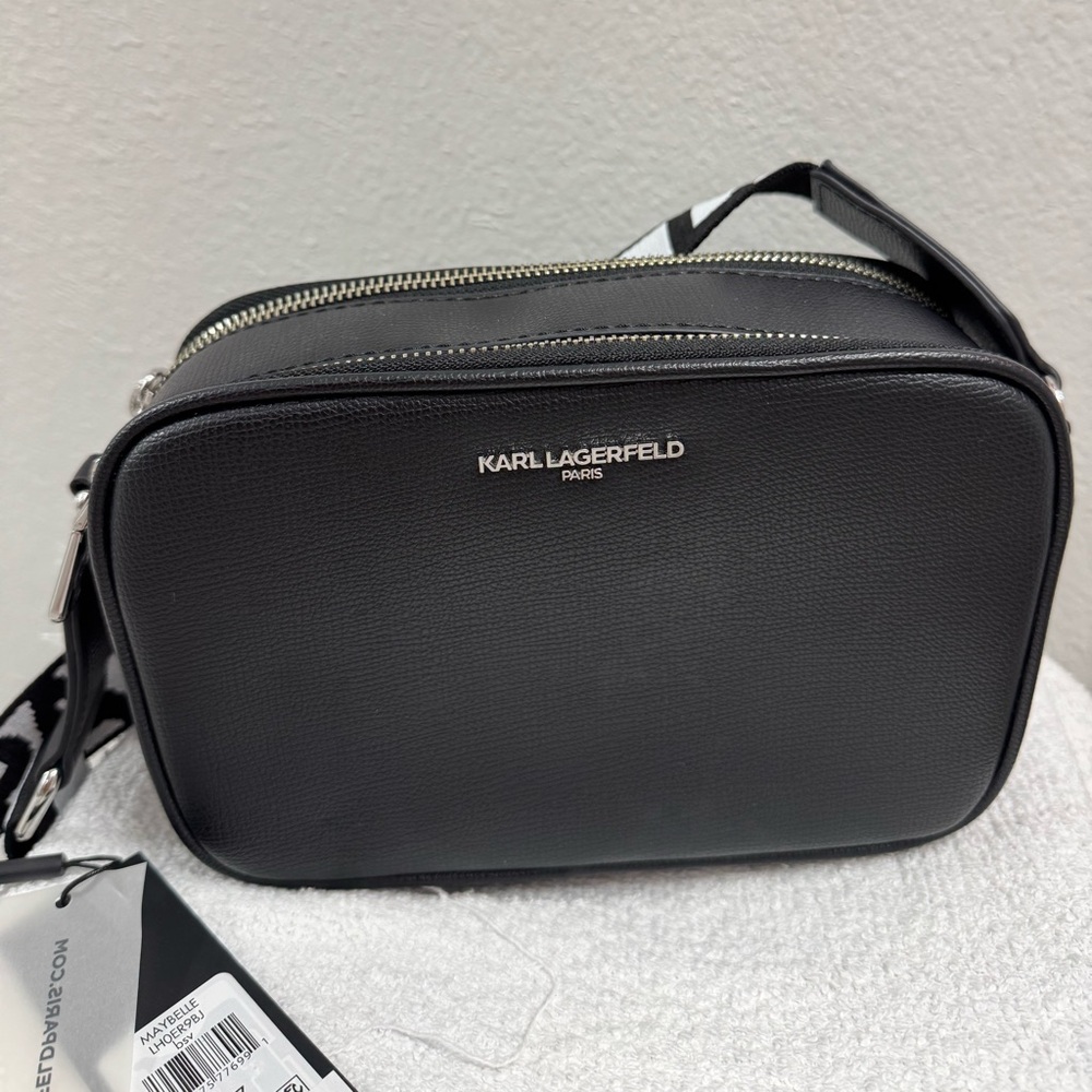 Karl Lagerfeld Black Pebbled Leather Camera Crossbody